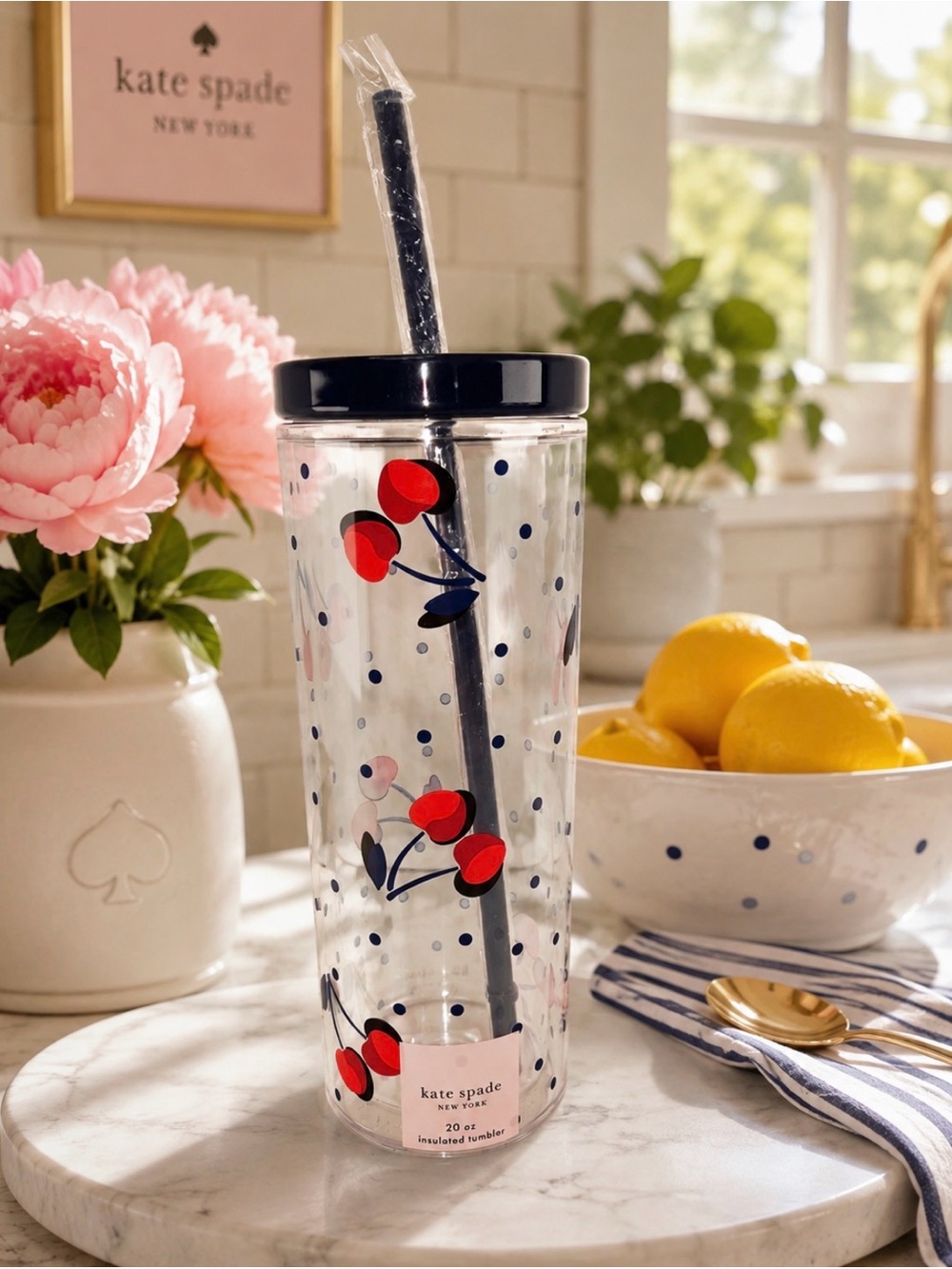 kate spade Clear Tumbler with Red Cherry and Navy Dot Print